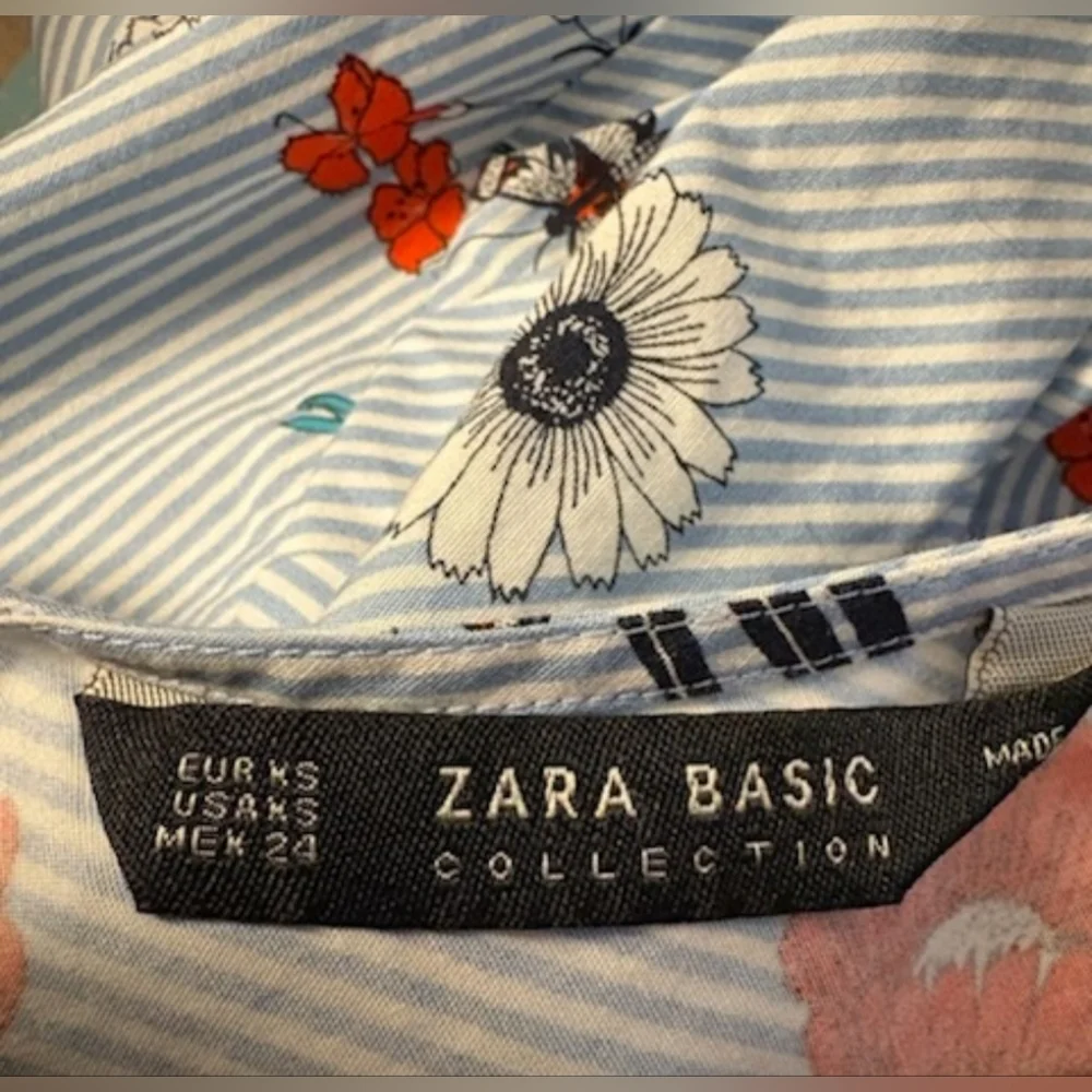 Zara Pinstripe Floral Puff Sleeve Cotton Blouse Button Down Back Women's XS